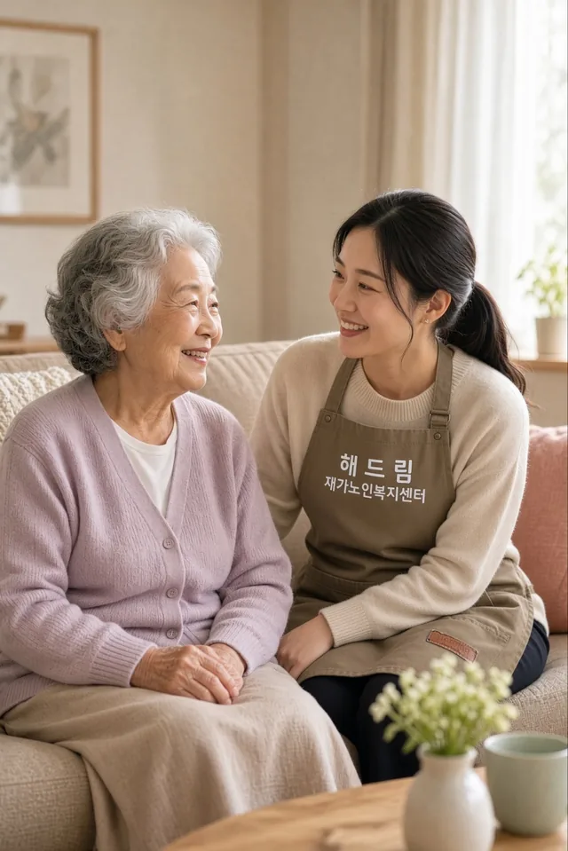 해드림 앞치마를 입은 요양보호사가 소파에서 어르신과 마주 보며 웃는 모습